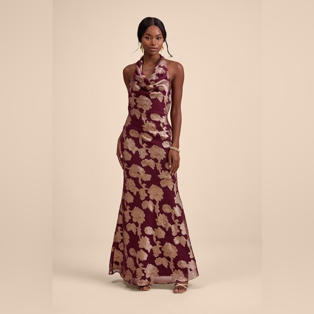 Zafira Burgundy and Gold Burnout Cowl Halter Maxi Dress L